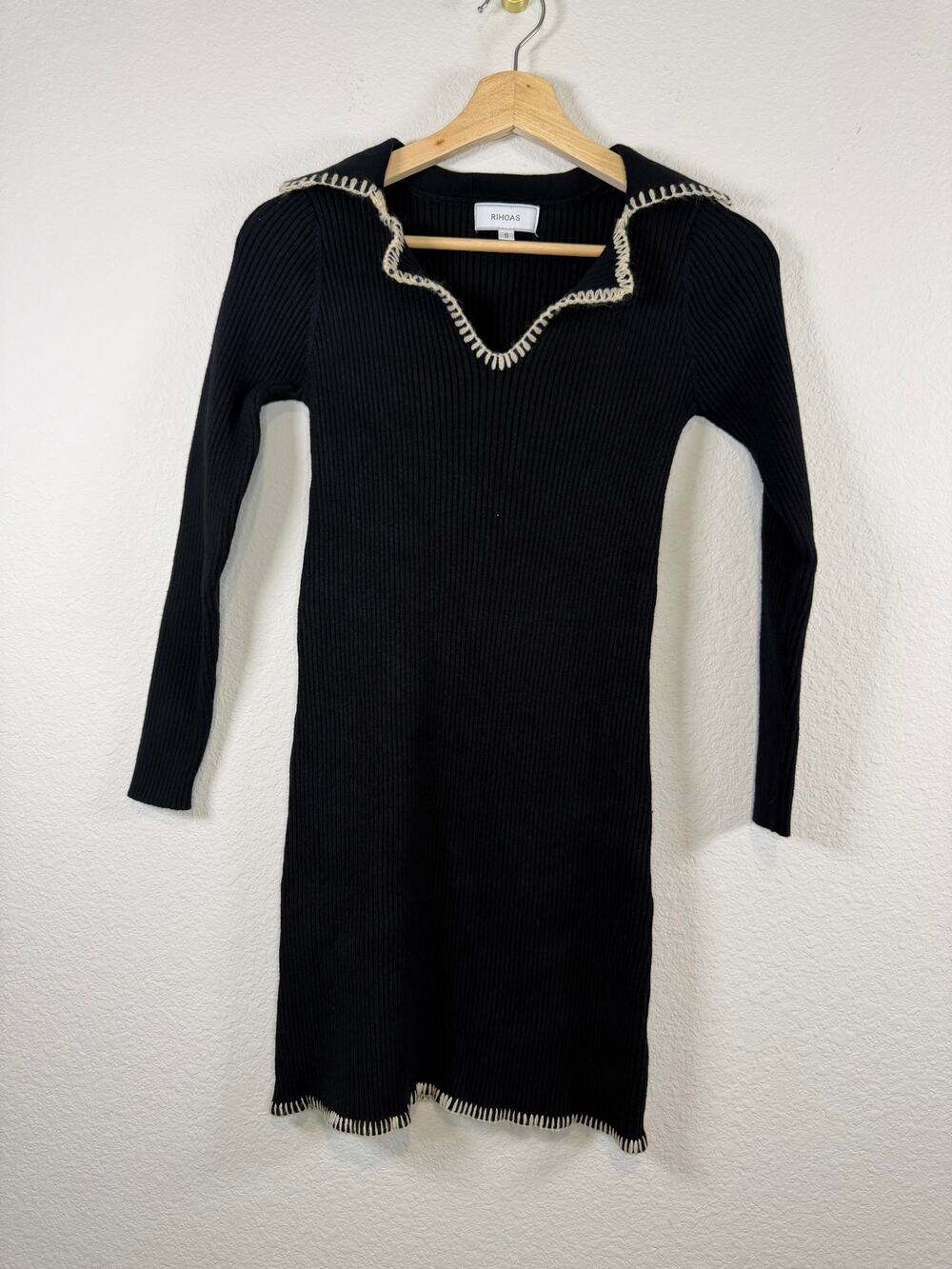 RIHOAS Black Ribbed Knit Mini Sweater Dress Contrast Stitch Size S